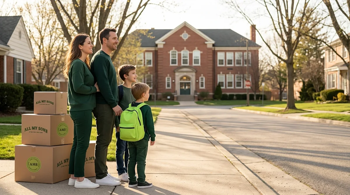 Family with All My Sons moving boxes looking at a school building, symbolizing a new beginning after relocation.