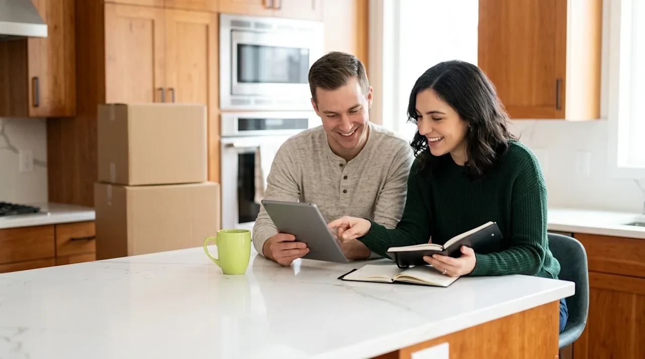 Professional marketing photography, candid lifestyle shot. A happy young couple sitting at a modern kitchen island with warm