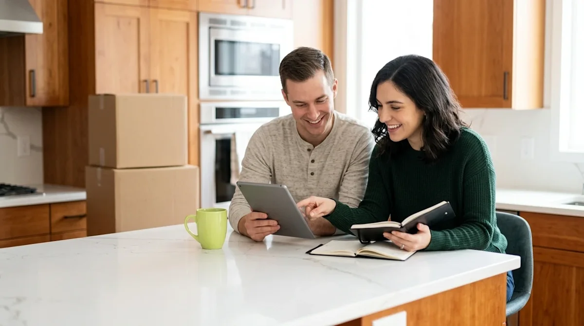 Professional marketing photography, candid lifestyle shot. A happy young couple sitting at a modern kitchen island with warm