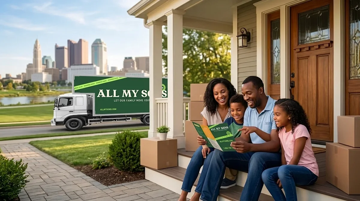 High-quality lifestyle photography of a happy family taking a break from moving on the front porch of a charming residential