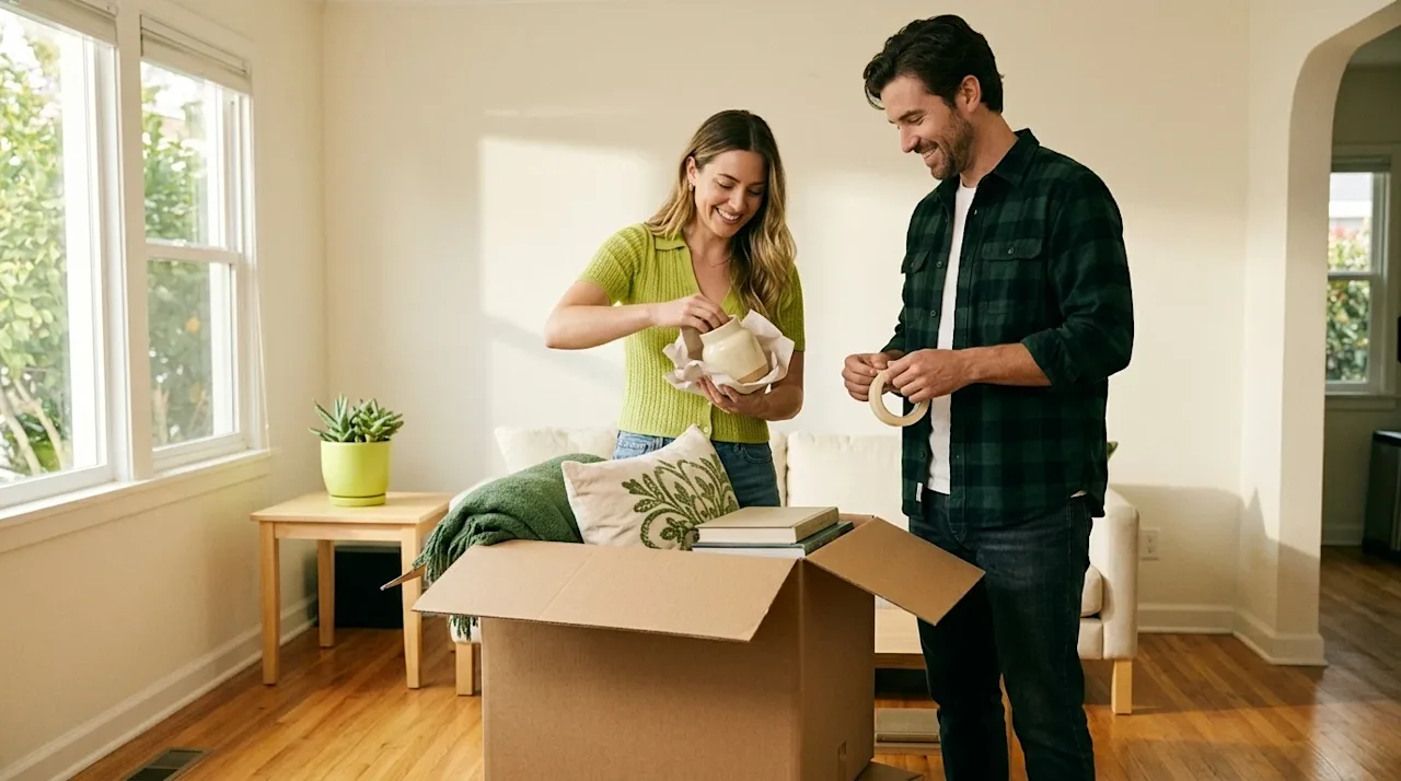 A candid, lifestyle 35mm film photography shot of a couple decluttering and getting their bright, welcoming living room ready