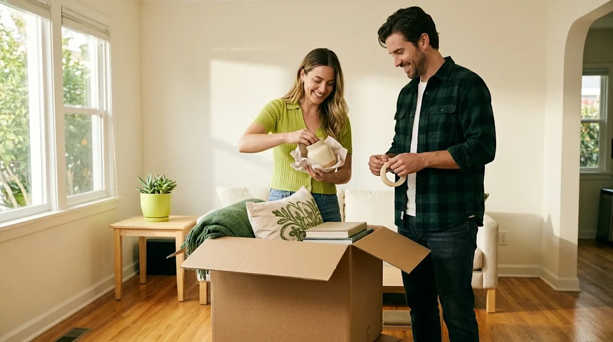 A candid, lifestyle 35mm film photography shot of a couple decluttering and getting their bright, welcoming living room ready
