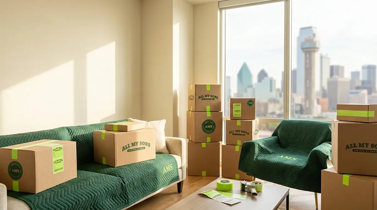 Branded moving boxes and green blankets in a modern Dallas apartment overlooking the city skyline and Reunion Tower.