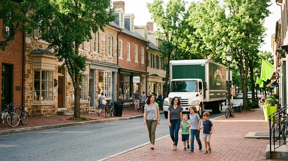 Candid, slice-of-life photography of a charming historic small town main street in Maryland on a sunny day. The scene feature