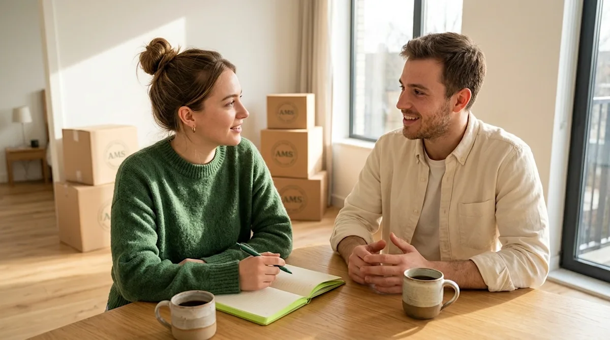 Professional marketing photography of two young adults sitting across from each other in a sunlit, modern apartment, having a