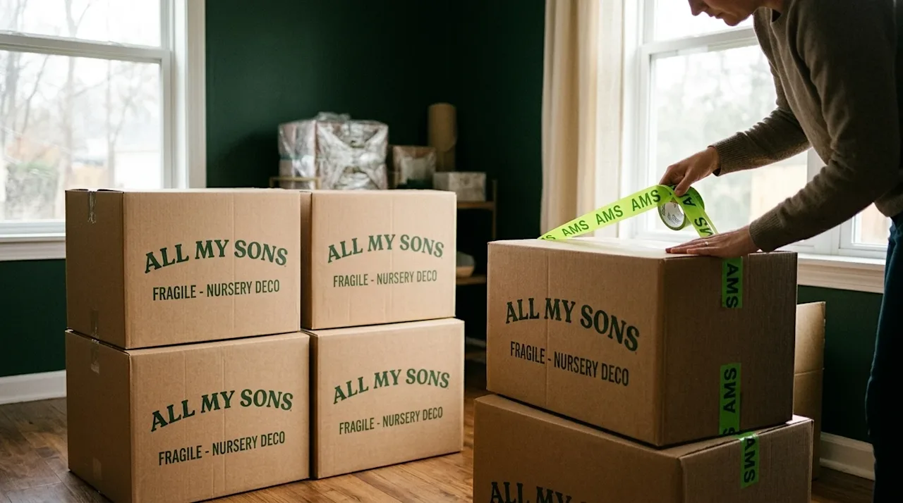 A high-quality lifestyle photograph of a neatly organized home storage space being prepped for a move. Several pristine kraft