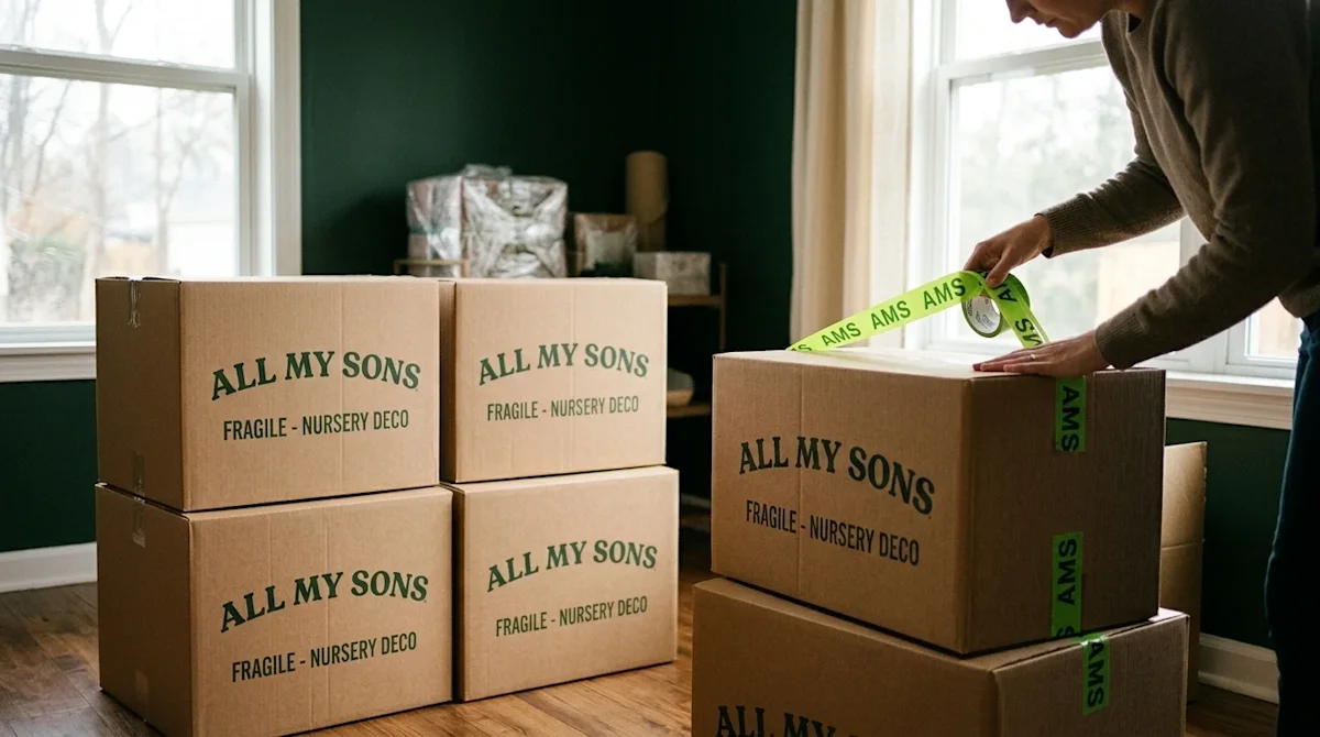A high-quality lifestyle photograph of a neatly organized home storage space being prepped for a move. Several pristine kraft