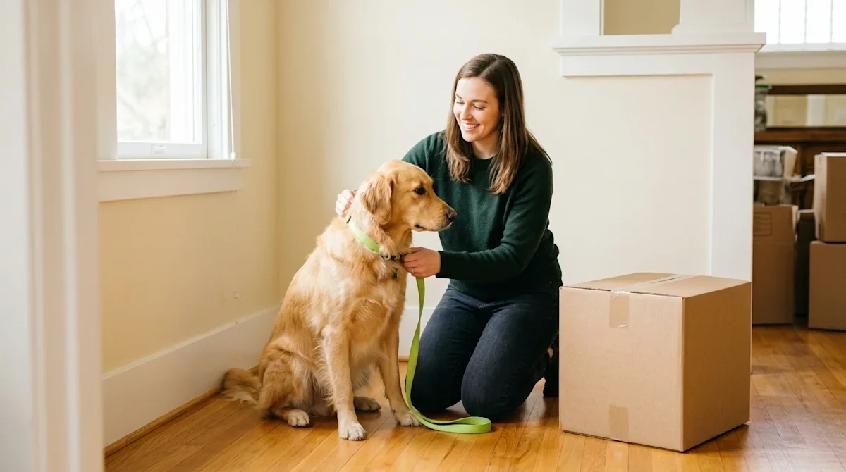 Professional lifestyle marketing photography of a smiling young woman preparing to move, sitting on the warm hardwood floor o