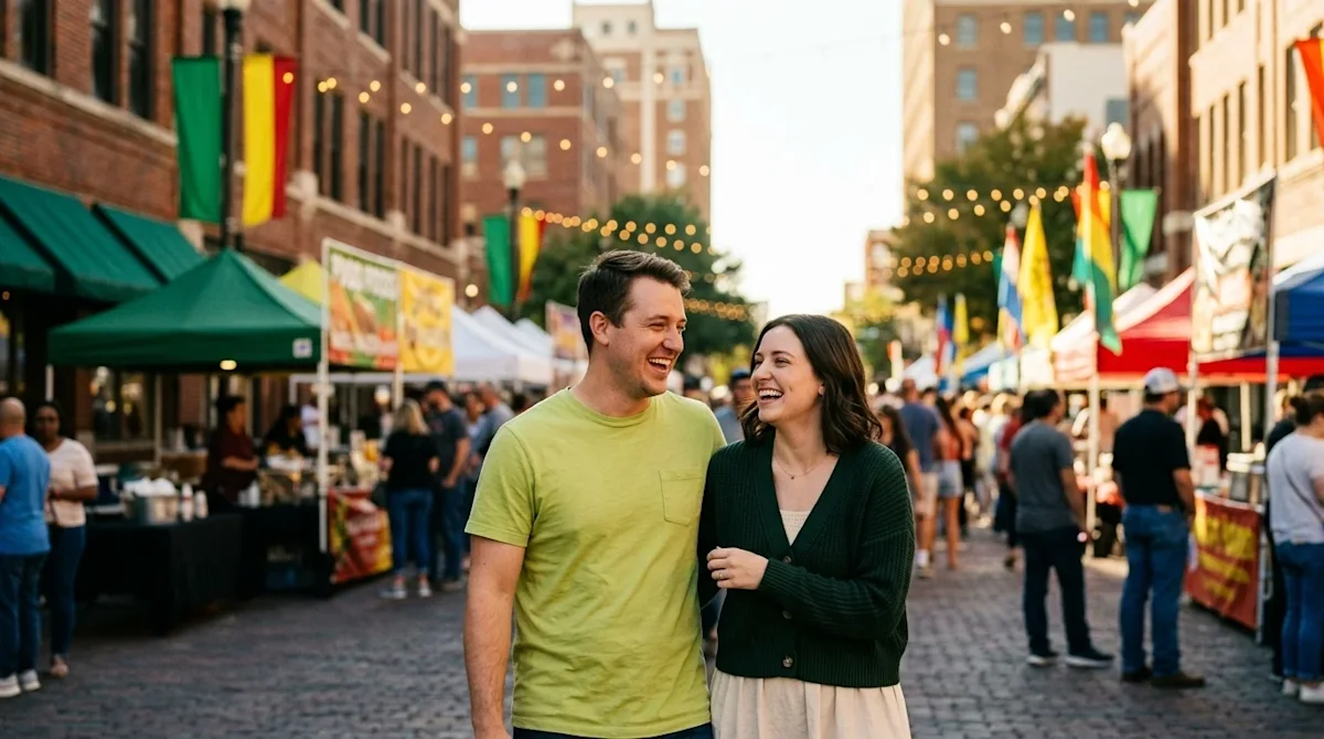 A candid, high-quality 35mm film photograph of a joyful couple enjoying a vibrant outdoor street festival in Tulsa. The scene