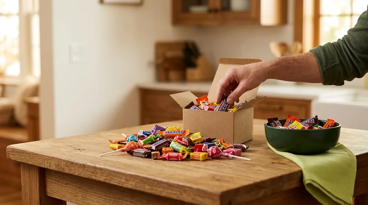 Professional marketing lifestyle photography of leftover wrapped Halloween candy being organized on a warm wooden kitchen isl