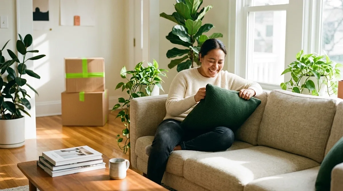 Candid lifestyle photography, 35mm film aesthetic, of a bright, impeccably clean and organized living room. A smiling person