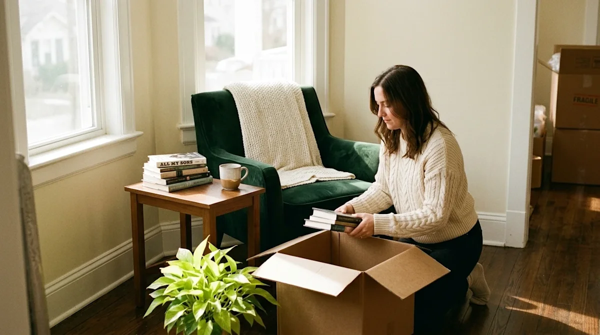 A warm, authentic lifestyle photograph of a cozy reading nook being set up in a newly moved-in home. A comfortable dark fores