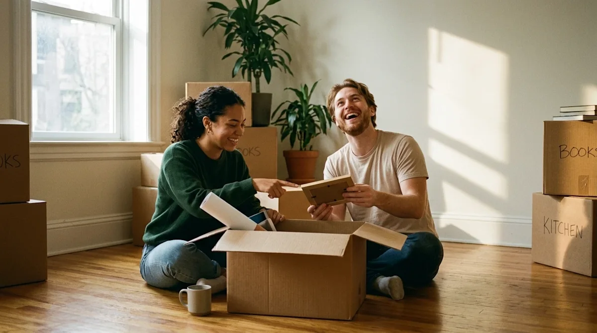 Candid lifestyle photography of two young adult best friends sitting on the hardwood floor of a sunlit, partially empty new a