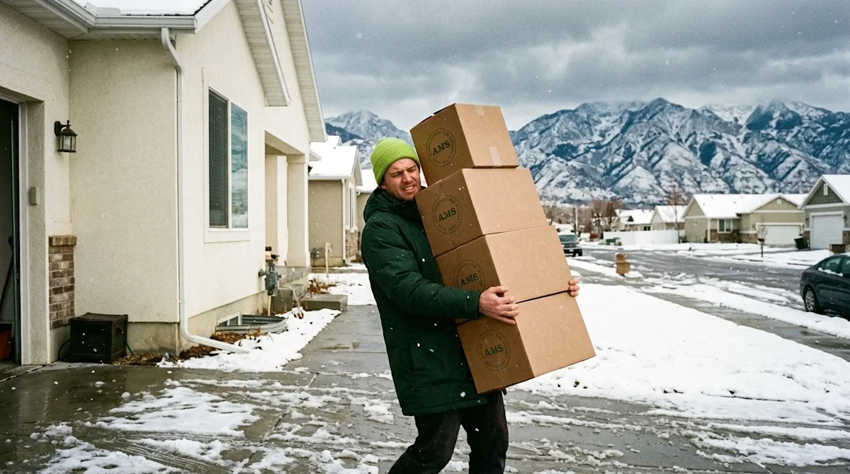 Candid 35mm film photography of a stressful moving day in Salt Lake City. A frustrated but determined person carrying a heavy