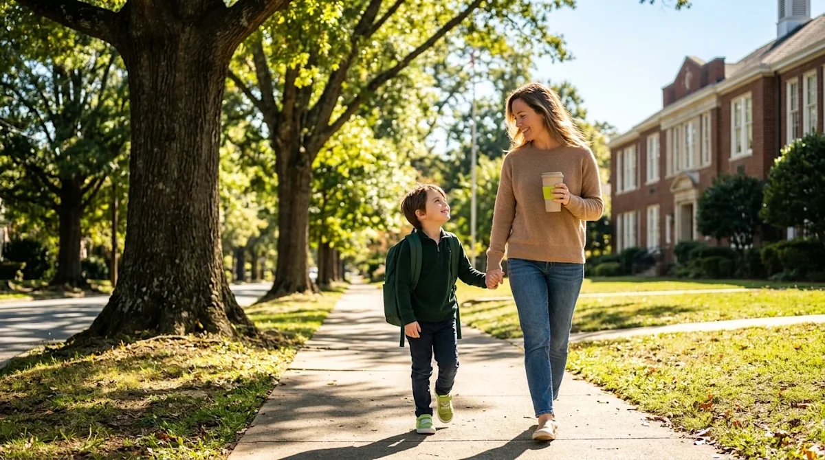 Authentic lifestyle photography of a smiling parent and young child holding hands, walking along a tree-lined sidewalk toward