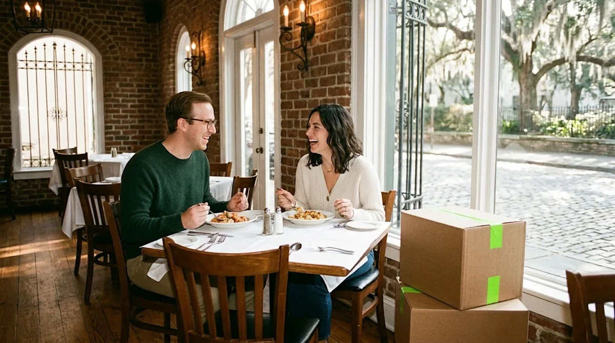 Candid 35mm film photography of a joyful couple eating a delicious meal at a classic, charming restaurant in Charleston. The