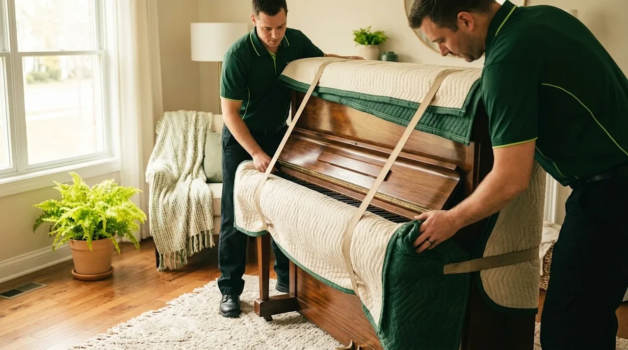 Clear, professional marketing photography. A candid, authentic lifestyle shot of two professional movers carefully preparing