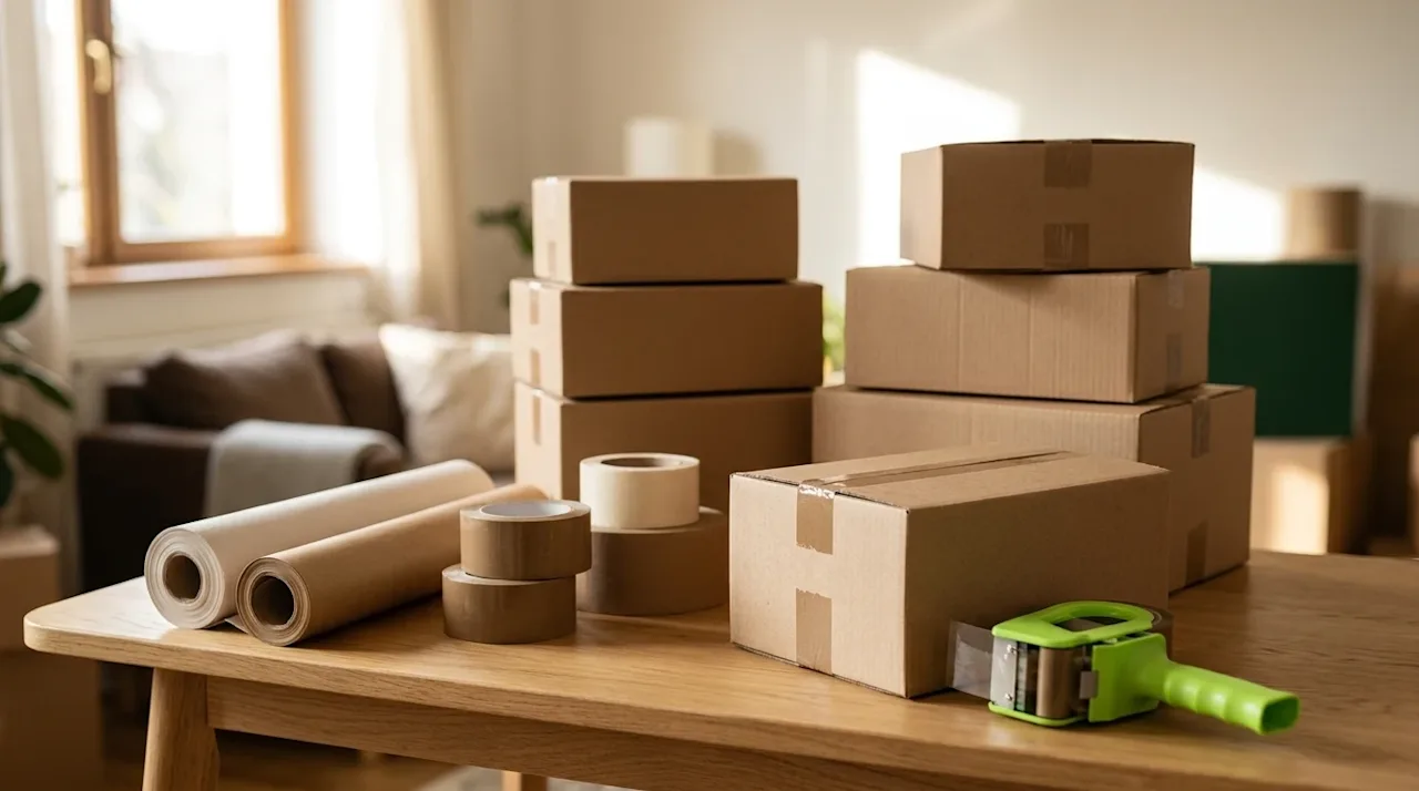 Authentic lifestyle photography of essential packing supplies for a home move. A neat arrangement of crisp brown corrugated c