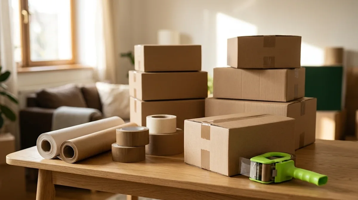 Authentic lifestyle photography of essential packing supplies for a home move. A neat arrangement of crisp brown corrugated c