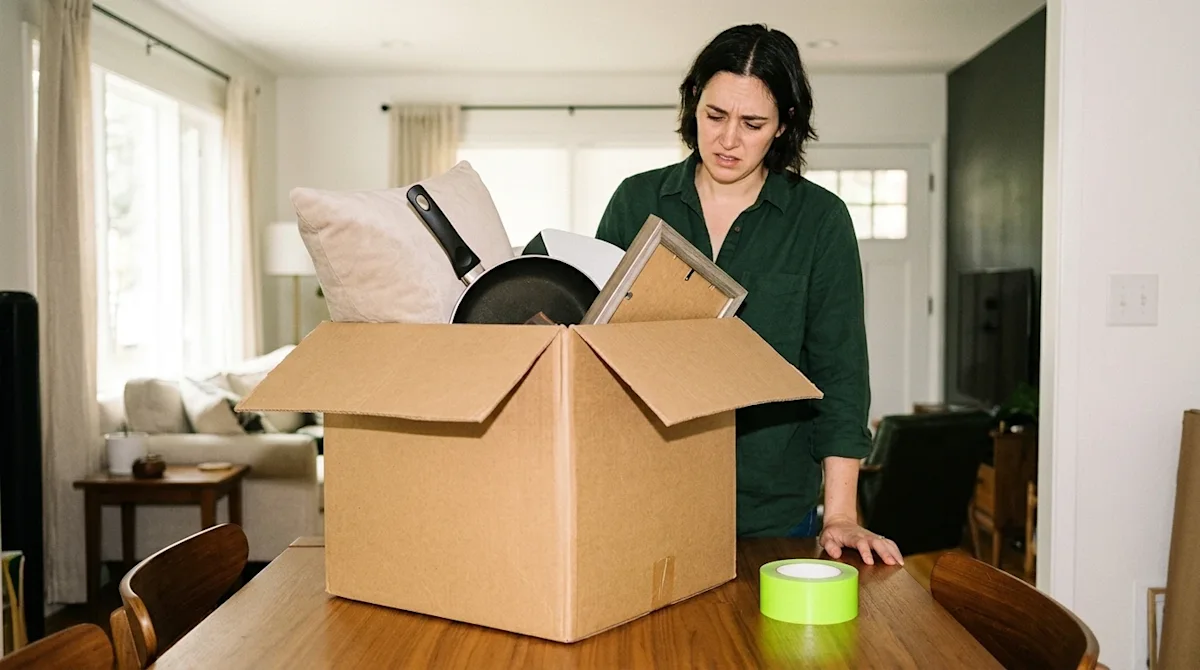 Professional marketing photography of a relatable moving scene. A person stands in a home living room looking visibly stressed while packing for a move.