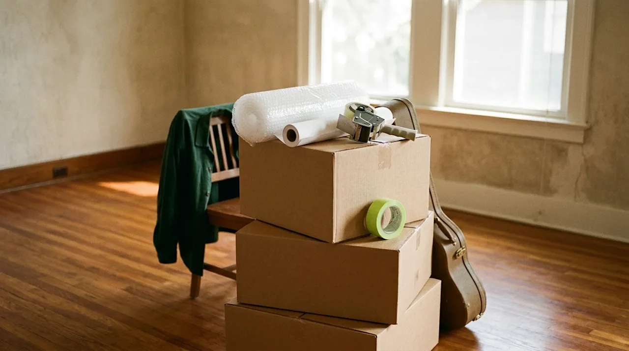 High-quality lifestyle photography of premium packing supplies prepped for a long-distance move to Nashville. A neat stack of