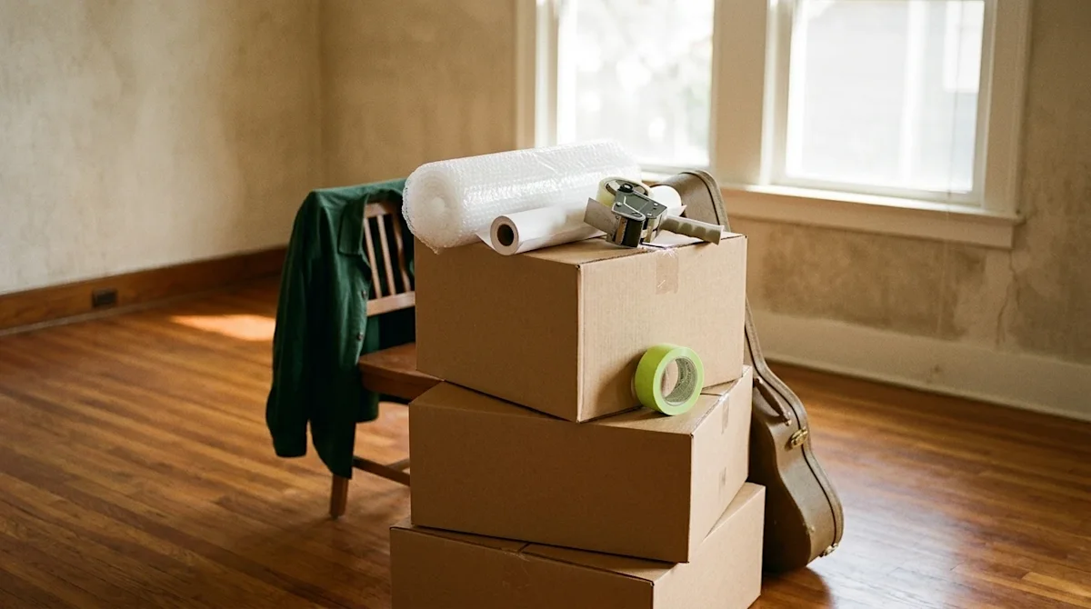 High-quality lifestyle photography of premium packing supplies prepped for a long-distance move to Nashville. A neat stack of