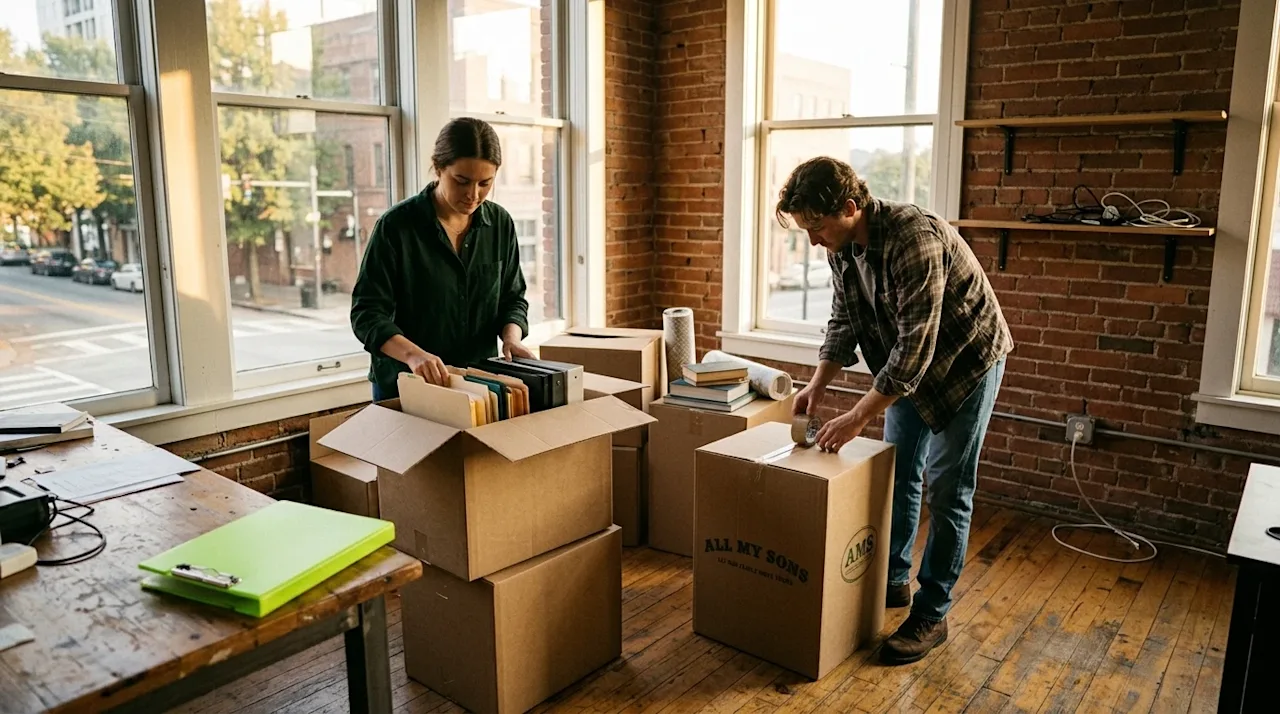 Candid 35mm film photography, authentic documentary style. A small business team packing up their modern office space for a c