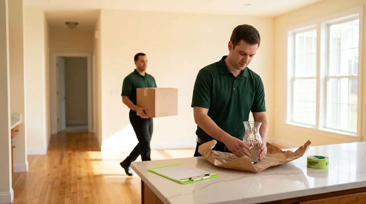 Professional marketing photography of a full-service residential move in progress. Two friendly, professional movers wearing