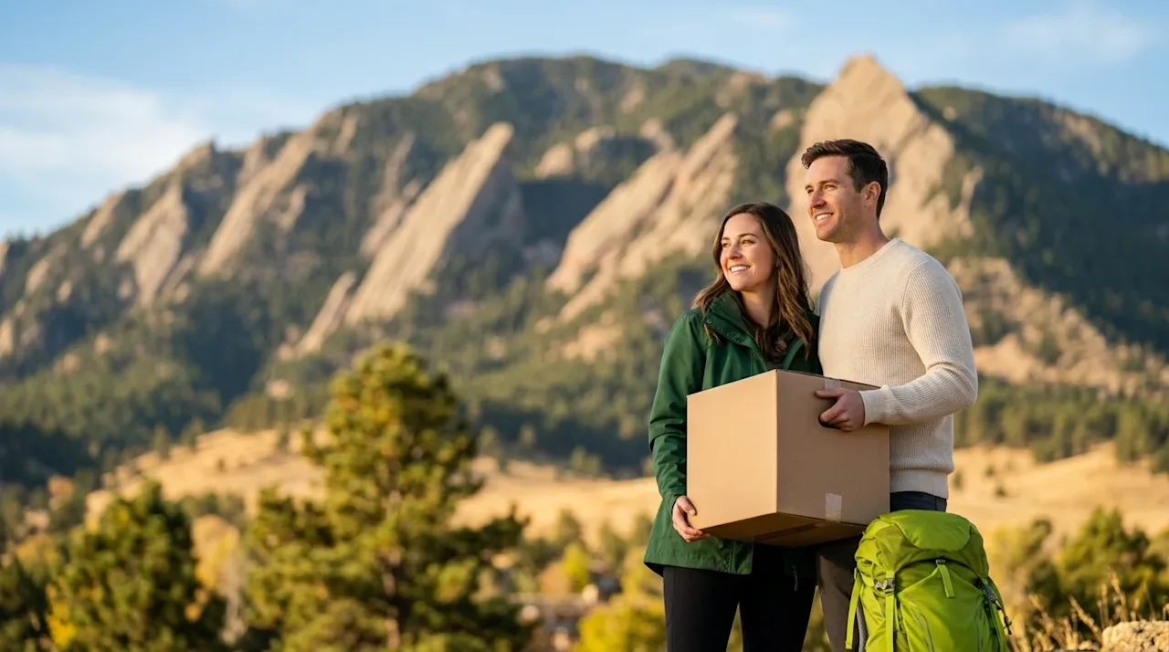 Professional marketing photography of a happy couple taking a break to enjoy the view of the iconic Boulder Flatirons in Colo