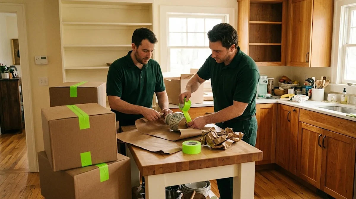 A candid, high-quality photograph illustrating full-service moving in progress. Two professional movers wearing dark forest g