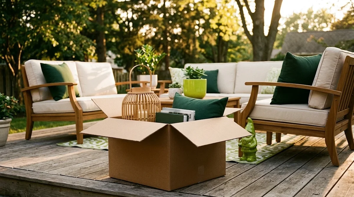 A warm, lifestyle photograph of a beautifully styled backyard patio, capturing the feeling of settling into a new home. In th