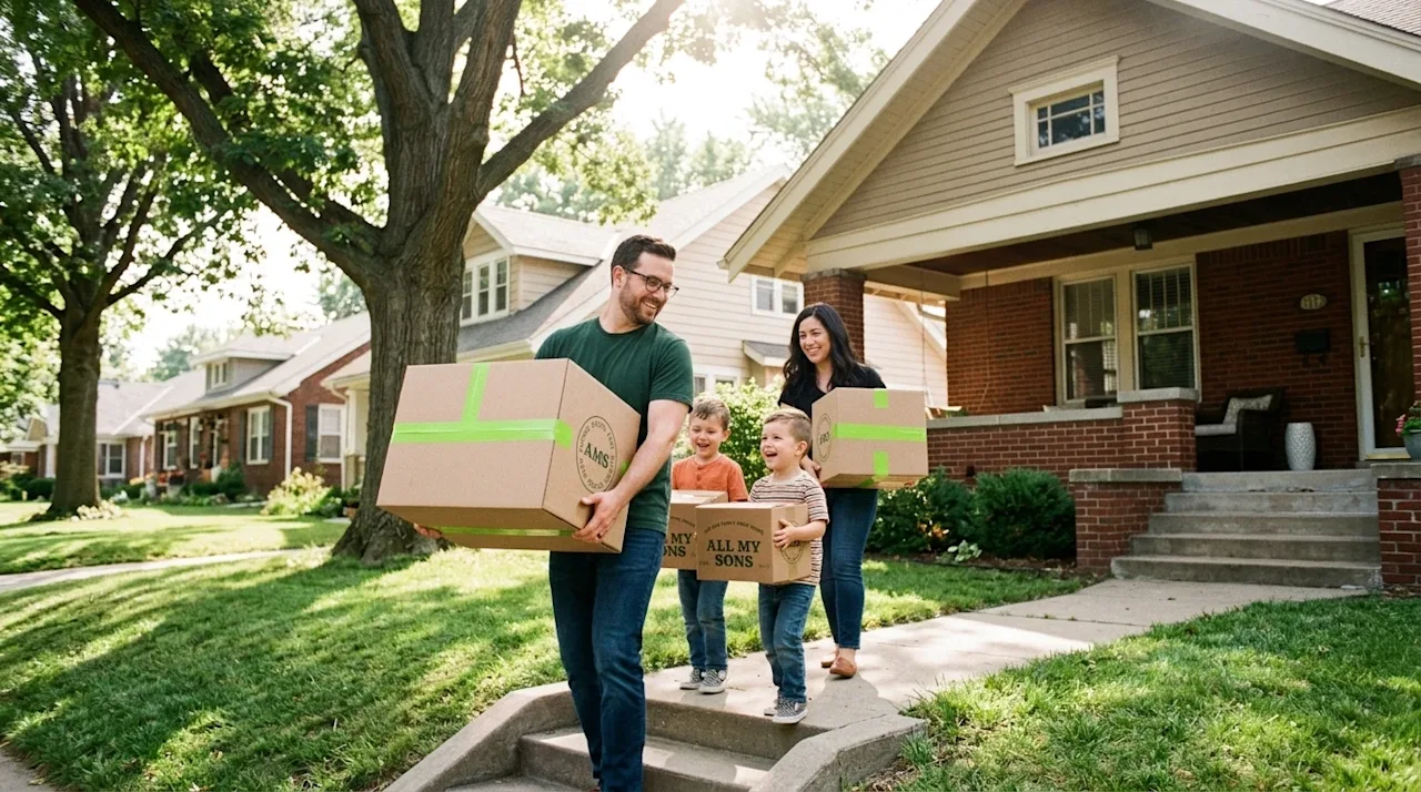 Candid lifestyle photography of a happy family carrying cardboard moving boxes up the walkway to a charming, classic Midweste