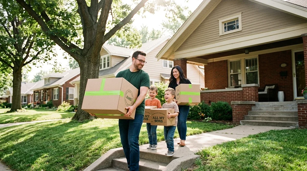 Candid lifestyle photography of a happy family carrying cardboard moving boxes up the walkway to a charming, classic Midweste