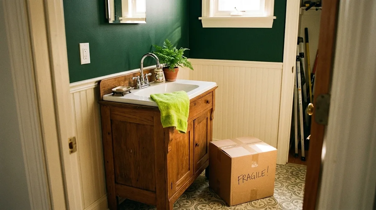 Candid lifestyle interior photography of a home powder room undergoing a stylish update. The small bathroom features rich, da