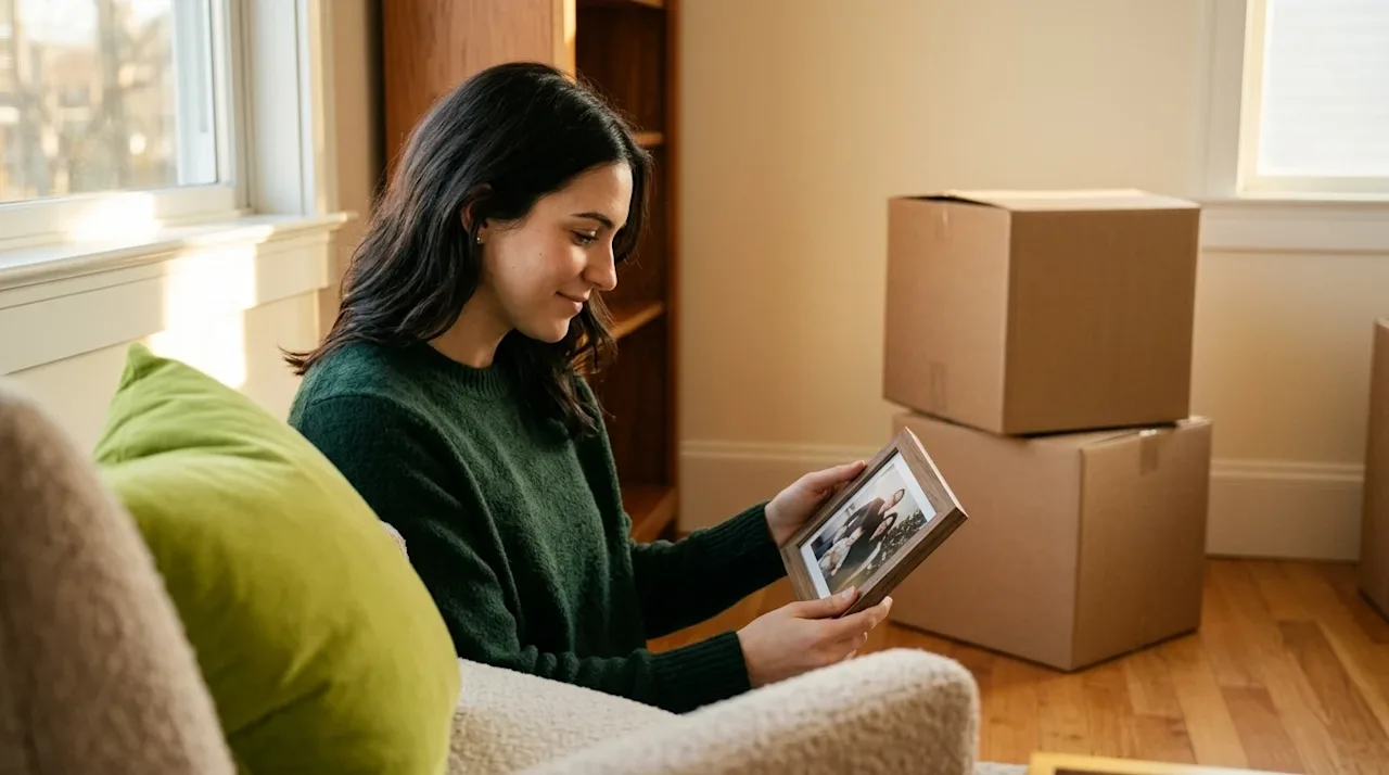 Professional lifestyle marketing photography of a thoughtful young woman sitting comfortably on the warm wood floor of her ne
