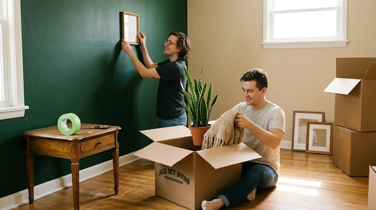 Clear, professional lifestyle marketing photography of a young couple happily decorating their new living room on a budget. O