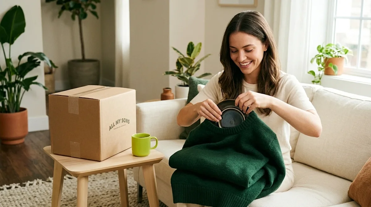 Clear, professional lifestyle marketing photography. A relatable young adult woman in a bright, cozy living room demonstratin