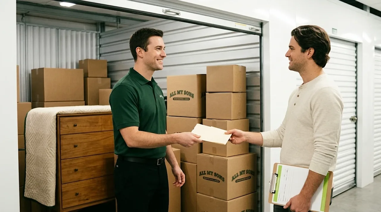 Clear, professional marketing photography of a well-lit, clean, modern indoor storage facility. A friendly moving professiona
