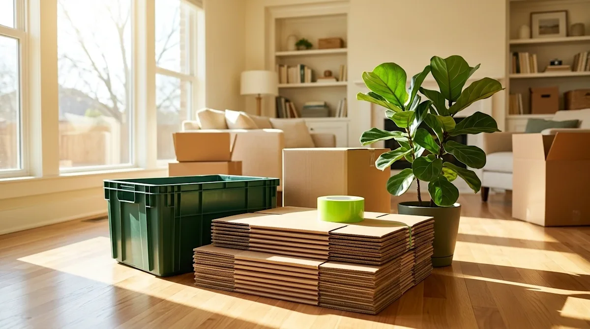Professional marketing photography of a bright, sunlit living room showing preparation for an eco-friendly move. In the foreg