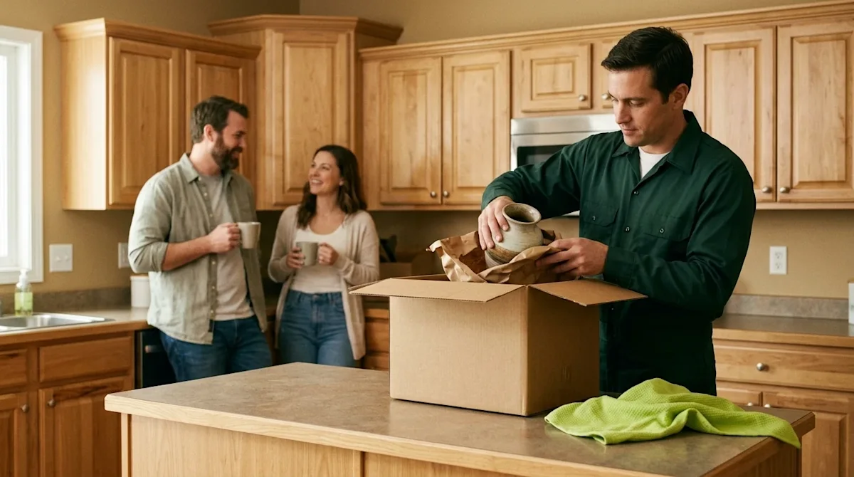 A candid, authentic 35mm lifestyle photograph illustrating a stress-free, full-service moving day. In the foreground, a profe