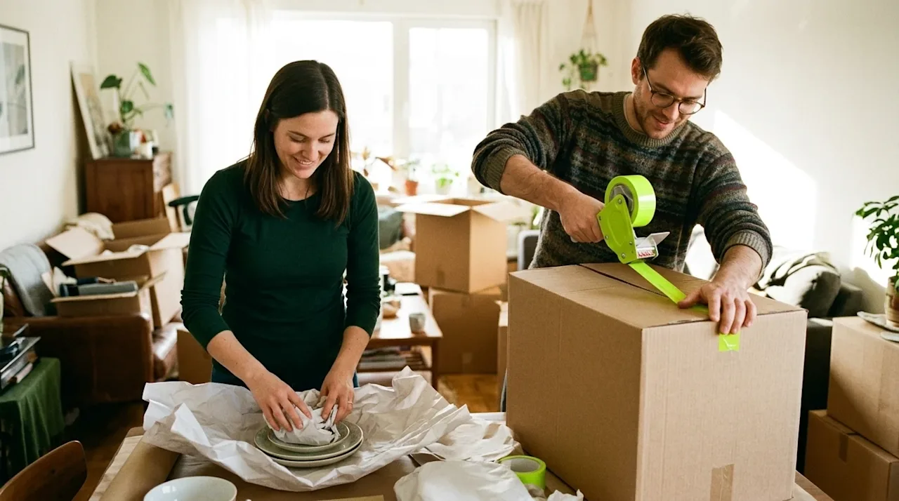 Authentic lifestyle photography of a couple packing their brightly lit home for a move. A woman wearing a dark forest-green s