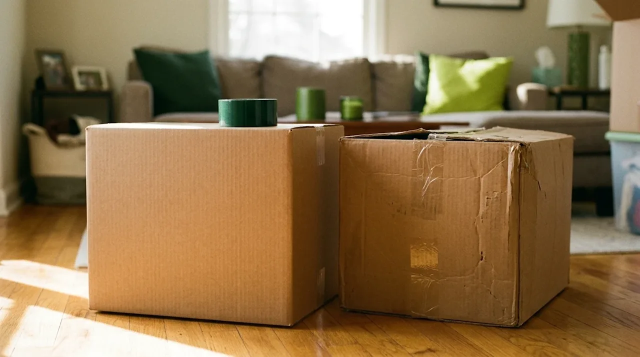 A warm, authentic 35mm film-style photograph of moving preparations inside a cozy home. The focal point is a close-up of two