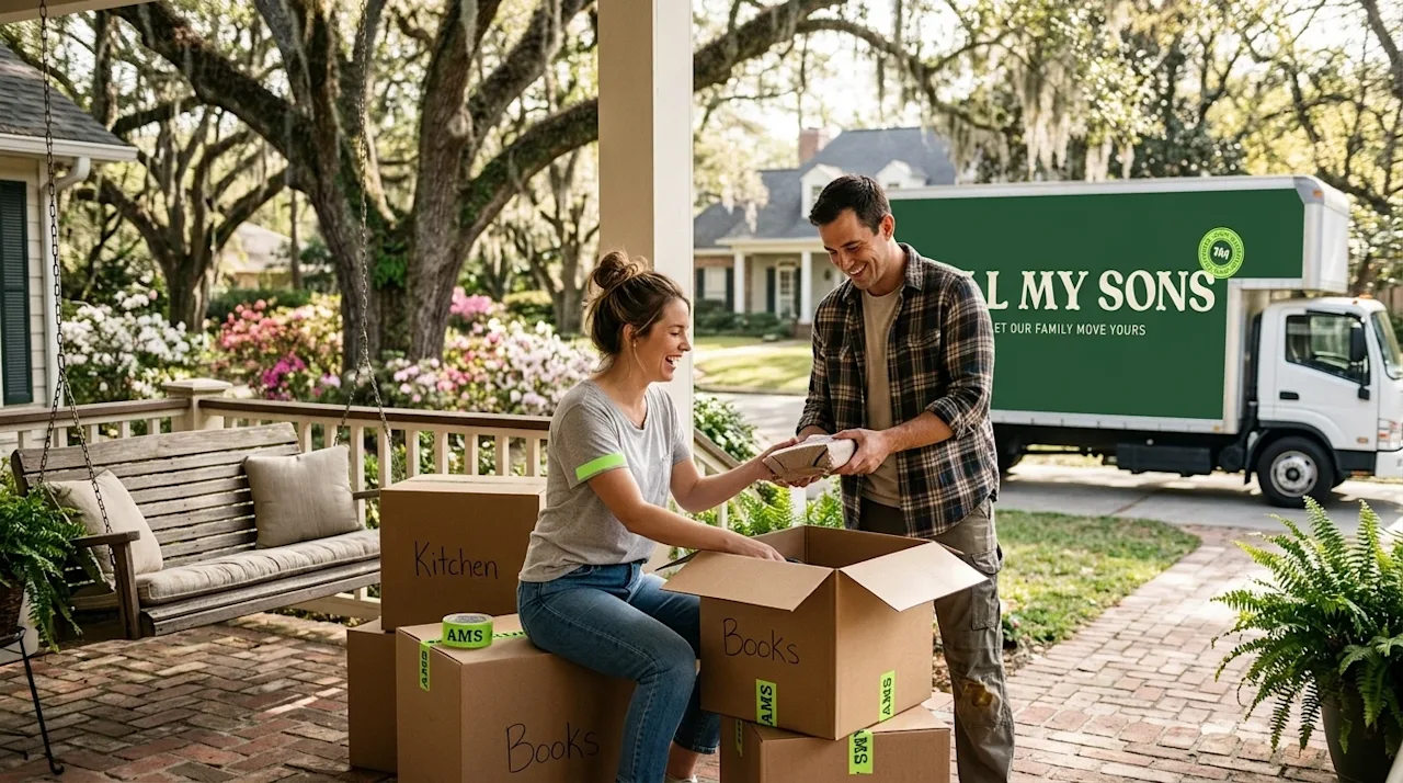 High-quality lifestyle photography of a happy couple unpacking kraft brown moving boxes on the front porch of a charming, wel