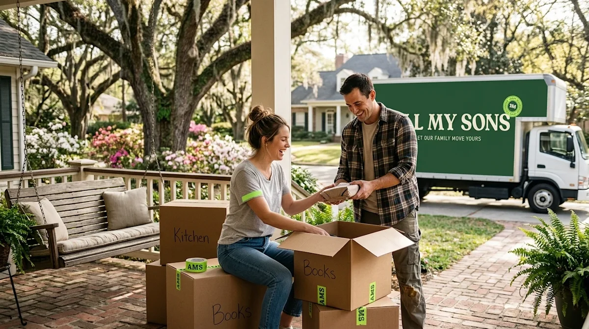High-quality lifestyle photography of a happy couple unpacking kraft brown moving boxes on the front porch of a charming, wel