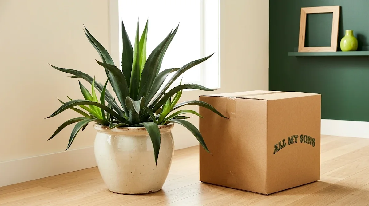 Large spiky agave plant in a ceramic pot next to an All My Sons moving box on a hardwood floor in a bright home.