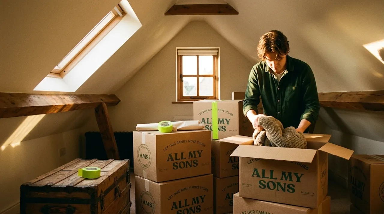 Authentic lifestyle photography of a cozy, sunlit residential attic space being systematically organized, shot on 35mm film w