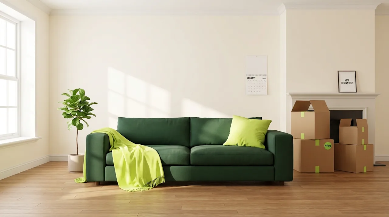 Modern living room with a green sofa and moving boxes symbolizing a fresh start with All My Sons.