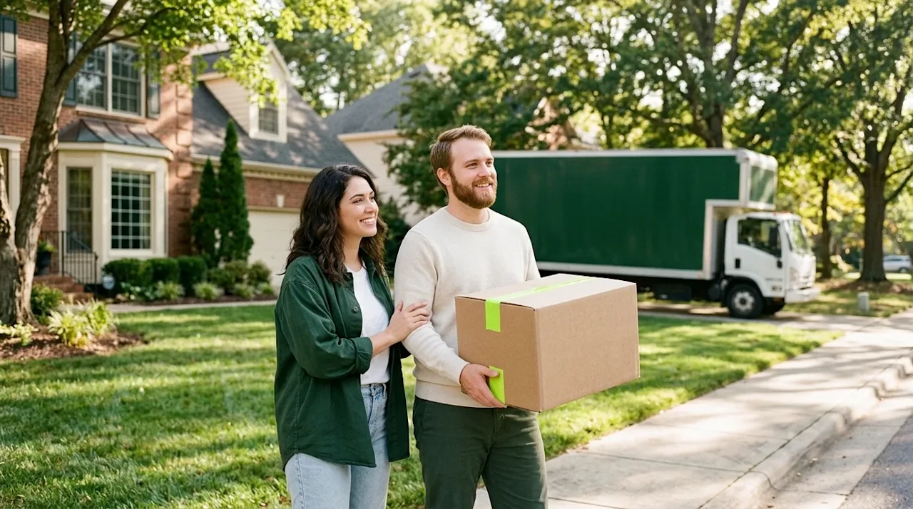 Professional lifestyle marketing photography of a picturesque, oak tree-lined suburban street typical of Raleigh, North Carol