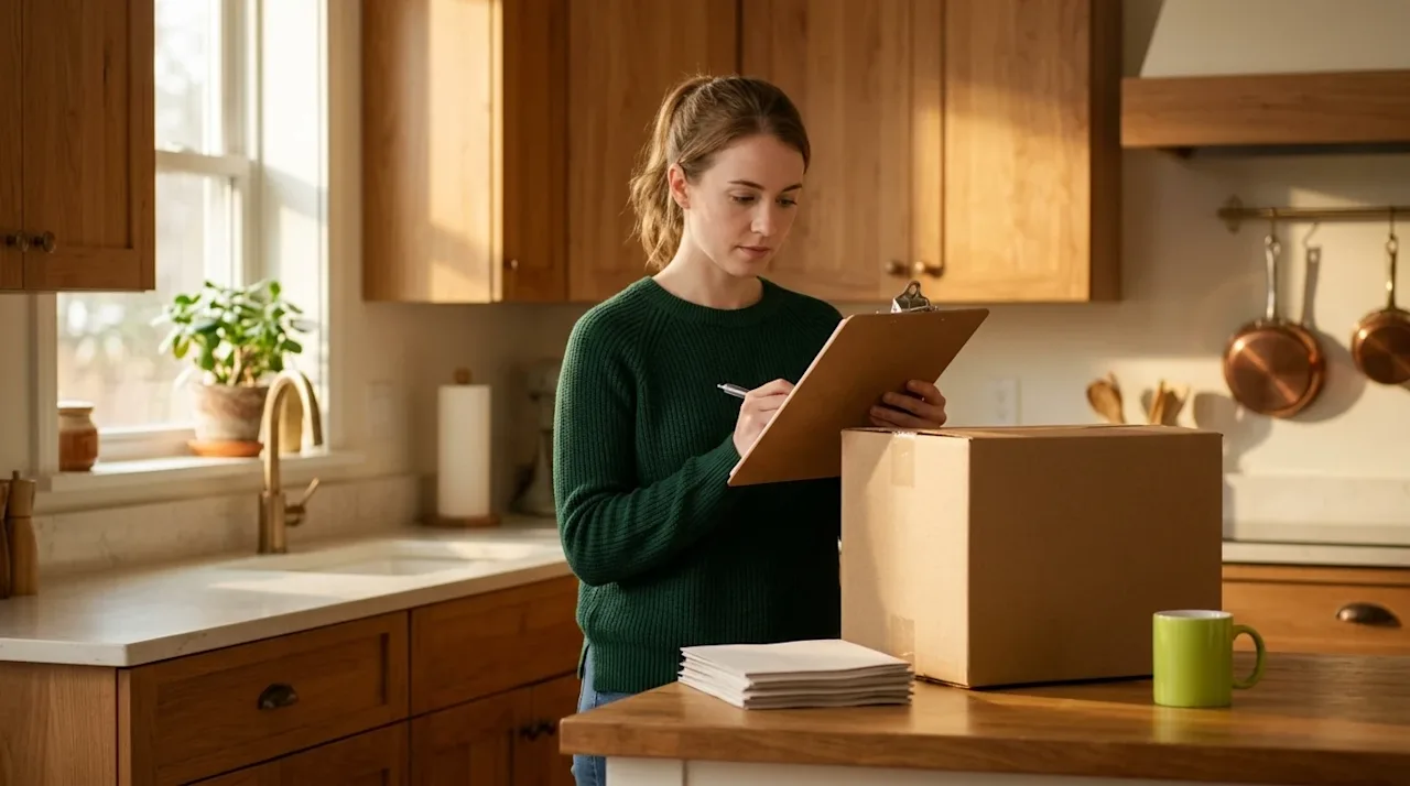 Clear, professional marketing lifestyle photography of a person planning a move. A young woman stands in a cozy kitchen with