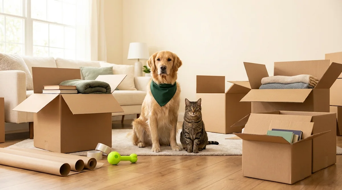 Dog and cat sitting calmly among cardboard moving boxes in a bright, cozy living room during a home move.